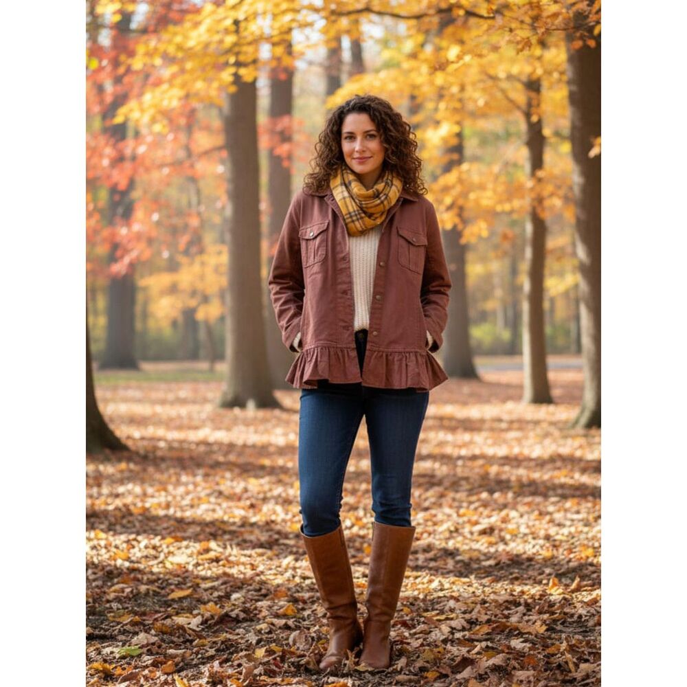 D&Co Denim & Co. Brown Ruffle Hem Zip Snap Front Jacket - Women’s Size Large